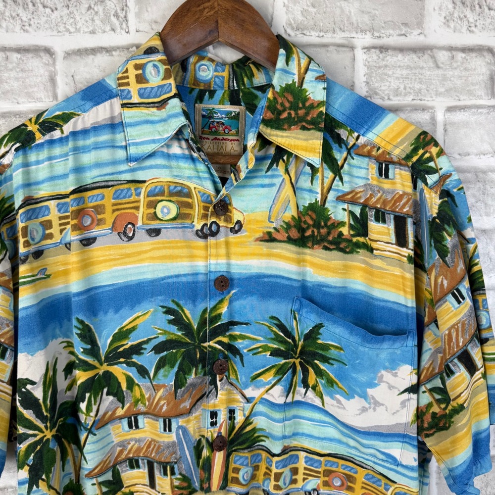 Kahala Ron Anderson Woodie Wagon Hawaiian Shirt Mens Small Blue Rayon Surf Camp